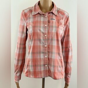 Columbia Women's Coral Plaid Roll Tab Long Sleeve Shirt, Button-up Size Small